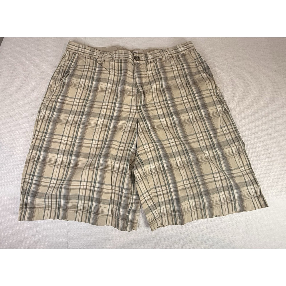 Columbia Plaid Cotton Cargo Shorts Mens 38 Tan Green Outdoor Hiking Utility Golf